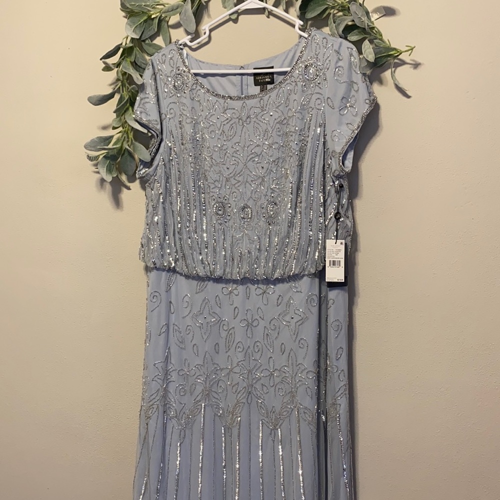 Adrianna Papell silver blue long beaded dress with sleeves modest 18w